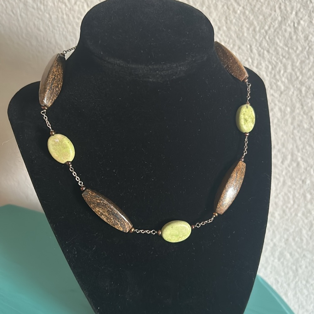 Handcrafted Serpentine and Bronzite Gemstone Bead 16” Choker Necklace